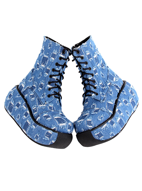 Punk Lolita Hole Blue Cowboy Beggar Personality Thick Bottom Round Head Strap High Heel Booties