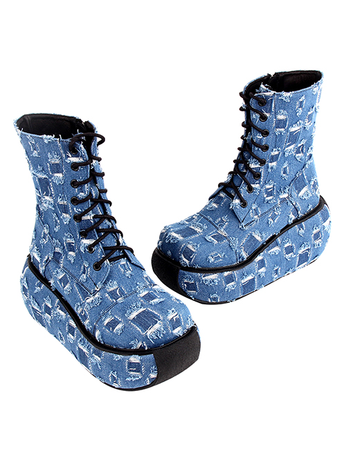 Punk Lolita Hole Blue Cowboy Beggar Personality Thick Bottom Round Head Strap High Heel Booties