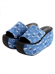 Punk Lolita Summer Daily Blue Denim Hole Thick Bottom Non-Slip Slip-On High-Heeled Sandals