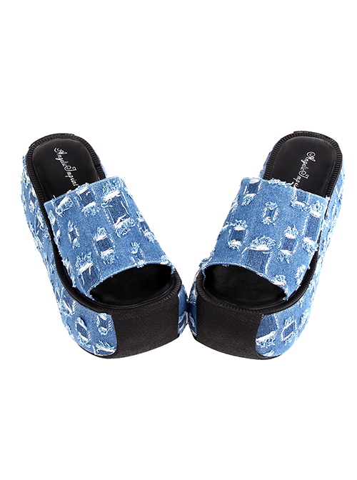 Punk Lolita Summer Daily Blue Denim Hole Thick Bottom Non-Slip Slip-On High-Heeled Sandals