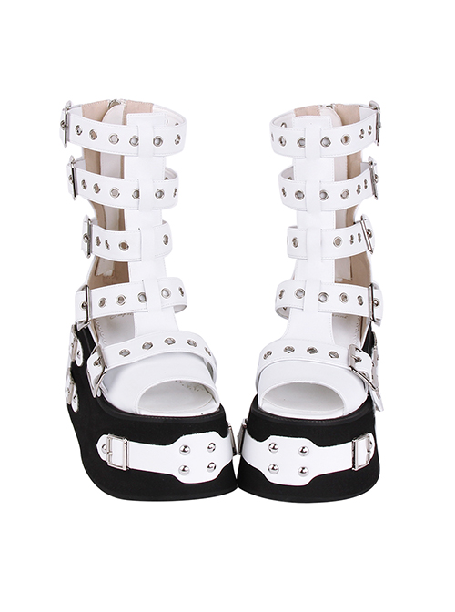 Punk Lolita Summer Platform Metal Buckle Rivet Strap Chunky Heel White Zip High Heel Sandals