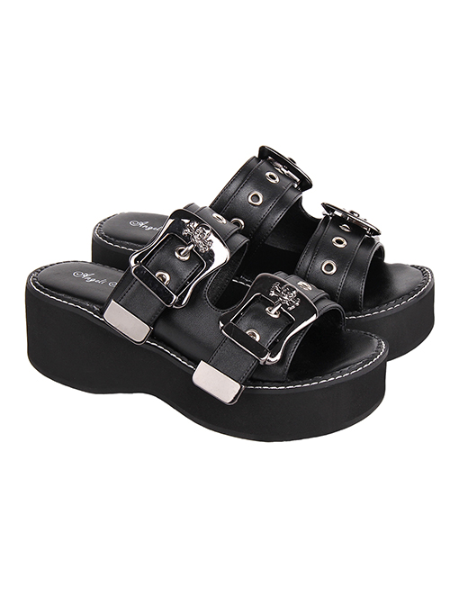 Punk Lolita Daily Outing Summer Thick-Soled Skull Slip-On Black High-Heeled Sandals