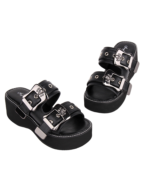 Punk Lolita Daily Outing Summer Thick-Soled Skull Slip-On Black High-Heeled Sandals