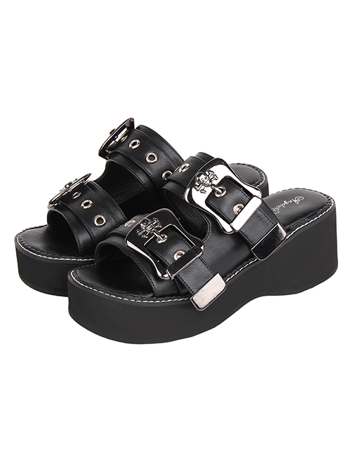 Punk Lolita Daily Outing Summer Thick-Soled Skull Slip-On Black High-Heeled Sandals