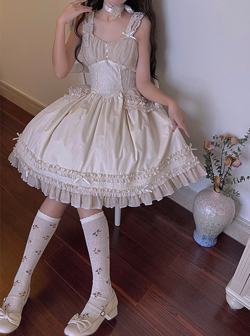 Summer Fresh And Elegant Princess Detachable Large Bow Cream Chiffon Solid Color Sweet Lolita Ballet Suspender Dress