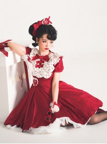 Sweet Lolita Ruffled Round Neck Profile Cute Big Bow Satin HeartShooting Short Sleeve A-Line Dress