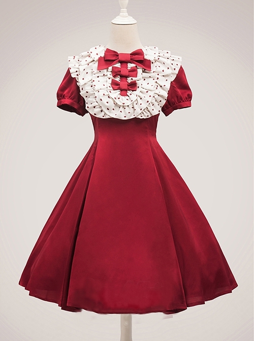 Sweet Lolita Ruffled Round Neck Profile Cute Big Bow Satin HeartShooting Short Sleeve A-Line Dress