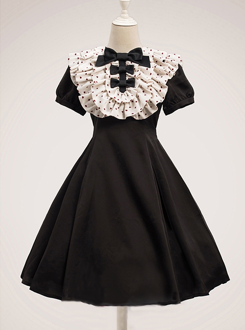 Sweet Lolita Ruffled Round Neck Profile Cute Big Bow Satin HeartShooting Short Sleeve A-Line Dress