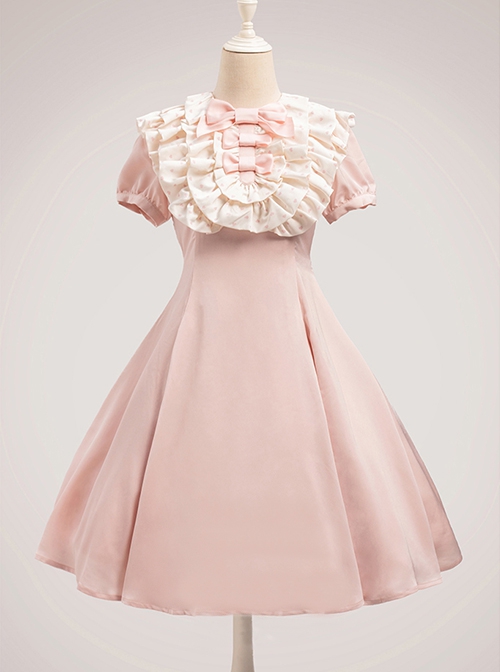 Sweet Lolita Ruffled Round Neck Profile Cute Big Bow Satin HeartShooting Short Sleeve A-Line Dress