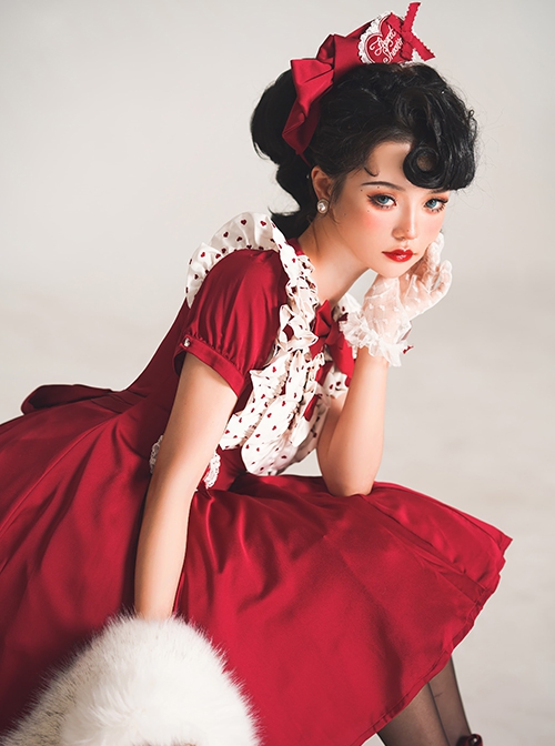 Sweet Lolita Ruffled Round Neck Profile Cute Big Bow Satin HeartShooting Short Sleeve A-Line Dress