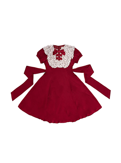 Sweet Lolita Ruffled Round Neck Profile Cute Big Bow Satin HeartShooting Short Sleeve A-Line Dress