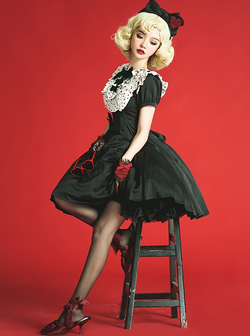 Sweet Lolita Ruffled Round Neck Profile Cute Big Bow Satin HeartShooting Short Sleeve A-Line Dress