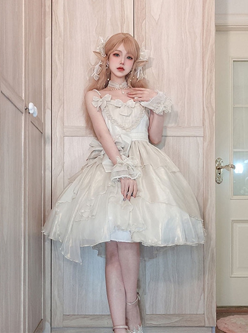 Princess Pearl Chiffon JSK Pearl Fairy Bow Edge Clip Lace Classic Lolita Short Pearl Strap Dress Set