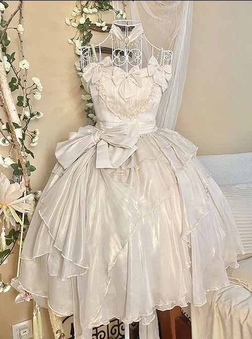 Princess Pearl Chiffon JSK Pearl Fairy Bow Edge Clip Lace Classic Lolita Short Pearl Strap Dress Set