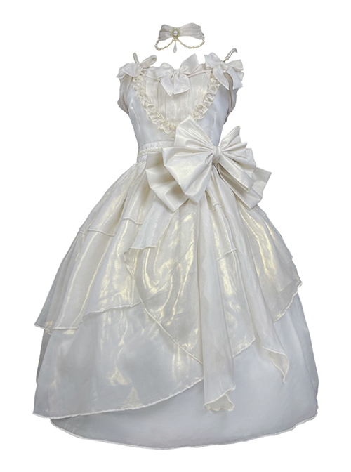 Princess Pearl Chiffon JSK Pearl Fairy Bow Edge Clip Lace Sweet Lolita Short Pearl Strap Dress Set