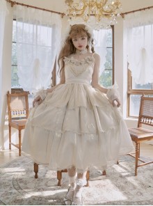 White Moonlight Fairy Classic Lolita Glass Sand JSK Removable Large Bow Pearl Necklace Long Sling Dress Set