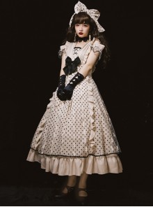 Polka Dot Lace High Waist Sweet Lolita Coconut Milk Bobo Backless JSK Detachable Bow Drop Shoulder Short Sleeve Long Dress Set