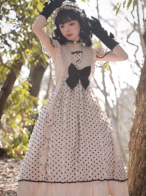 Polka Dot Lace High Waist Sweet Lolita Coconut Milk Bobo Backless JSK Detachable Bow Drop Shoulder Short Sleeve Long Dress Set