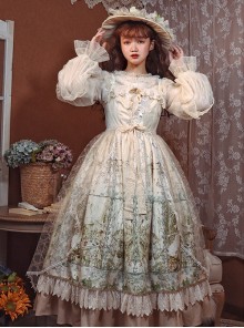 Twilight Feast Classic Lolita Elegant Daily Manor Oil Painting Girl JSK Big Bow Lace Pearl Veil Sling Dress Set