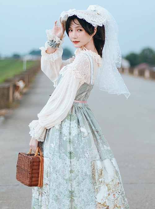 Twilight Feast Classic Lolita Elegant Daily Manor Oil Painting Girl JSK Big Bow Lace Pearl Veil Sling Dress Set