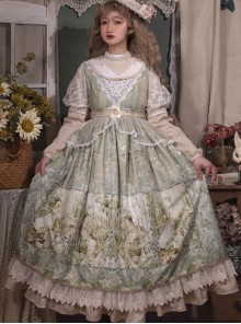 Elegant Classical Pearl Gothic Lolita OP Half Turtleneck Three-Dimensional Embroidery Stitching Lace Detachable Bubble Long Sleeve Dress