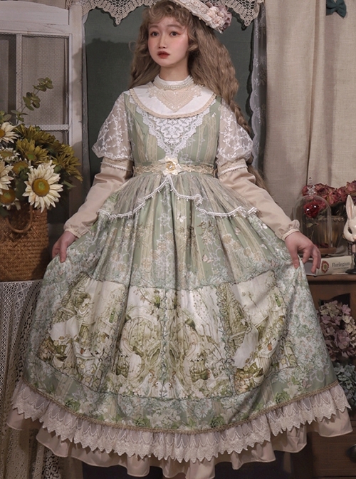 Elegant Classical Pearl Gothic Lolita OP Half Turtleneck Three-Dimensional Embroidery Stitching Lace Detachable Bubble Long Sleeve Dress