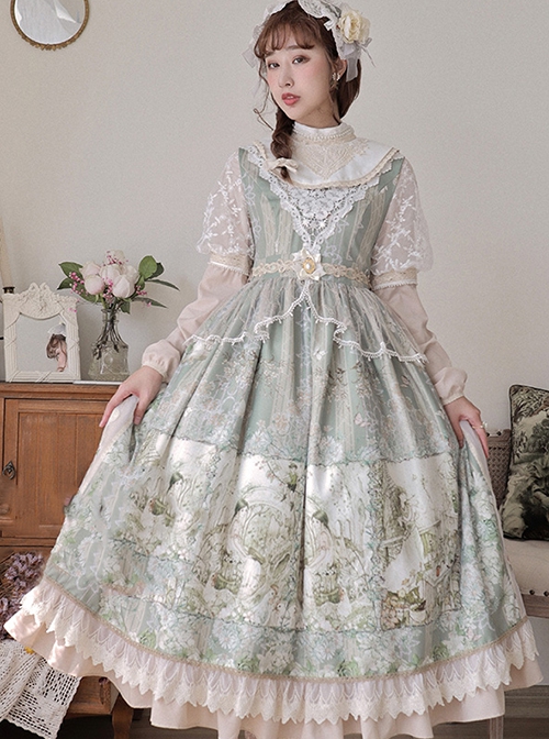 Elegant Classical Pearl Gothic Lolita OP Half Turtleneck Three-Dimensional Embroidery Stitching Lace Detachable Bubble Long Sleeve Dress