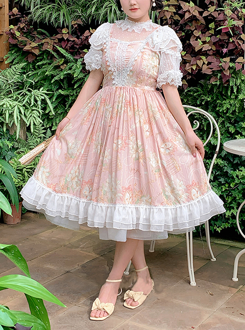 Sweet Lolita High Waist Detachable Satin Belt Small Fly Sleeves Double Layer Fungus Hem Polka Dot Short Sleeve Dress