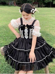 Princess Polka Dot Lace Short Sleeve Sweet Lolita Bow Fungus Edge Round Neck Profile High Waist Short Dress