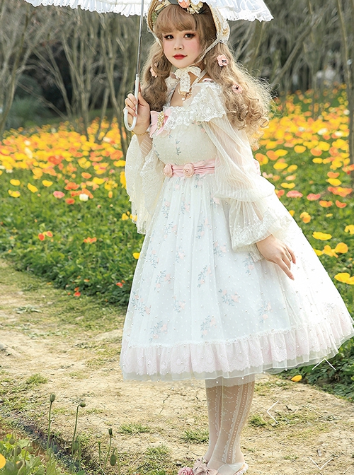 Delicate Pearl Lily Of The Valley Embroidered Detachable Bow Brooch Rose Flower Belt Sweet Lolita Sling Dress