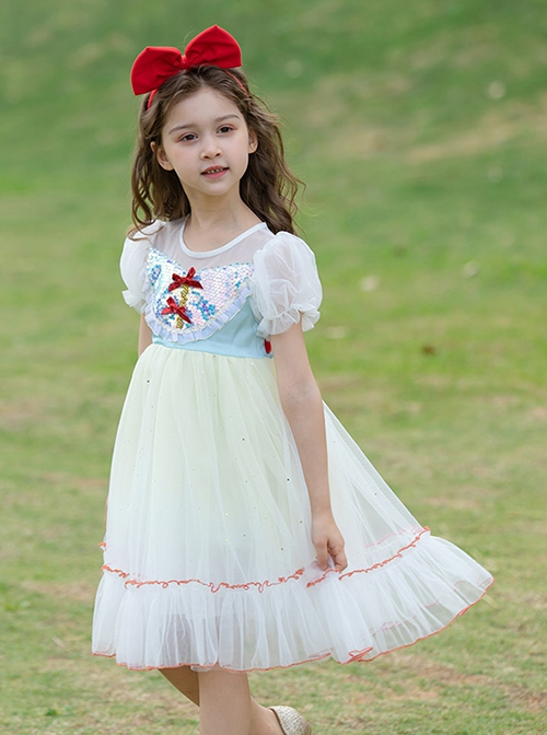 Disney Snow White On The Run Bow Sequin Mesh Kids Classic Lolita Gradient Bubble Short Sleeve Dress