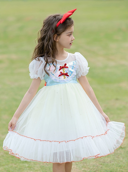 Disney Snow White On The Run Bow Sequin Mesh Kids Classic Lolita Gradient Bubble Short Sleeve Dress