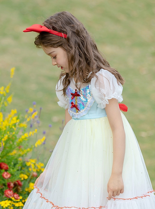 Disney Snow White On The Run Bow Sequin Mesh Kids Classic Lolita Gradient Bubble Short Sleeve Dress