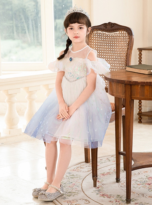 Frozen Elsa Birthday Party Kids Off Shoulder Classic Lolita Sequin Tank Top Dress