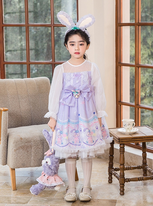 Cute Stardale Classic Lolita Ruffle Hem Princess Birthday Purple Bow Kids Long Sleeve Dress