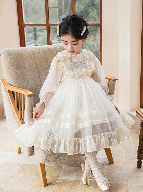 Fashion Ruffle Kids Classic Lolita Crew Neck Apricot Pearlescent Embroidered Bubble Flare Long Sleeve Dress