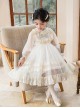 Fashion Ruffle Kids Classic Lolita Crew Neck Apricot Pearlescent Embroidered Bubble Flare Long Sleeve Dress