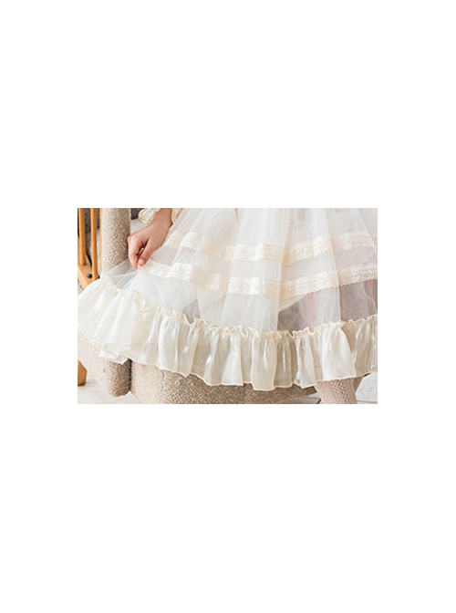 Fashion Ruffle Kids Classic Lolita Crew Neck Apricot Pearlescent Embroidered Bubble Flare Long Sleeve Dress