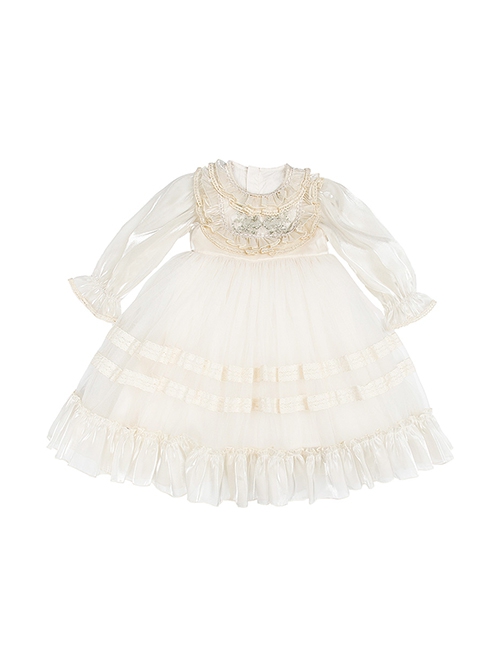 Fashion Ruffle Kids Classic Lolita Crew Neck Apricot Pearlescent Embroidered Bubble Flare Long Sleeve Dress