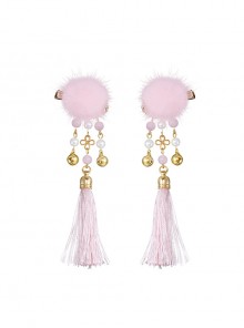 Antique Handmade Winter Cute White Fur Ball Tassel Golden Bell Kids Hairpins