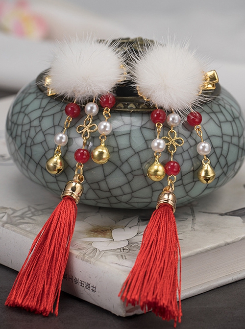 Antique Handmade Winter Cute White Fur Ball Tassel Golden Bell Kids Hairpins