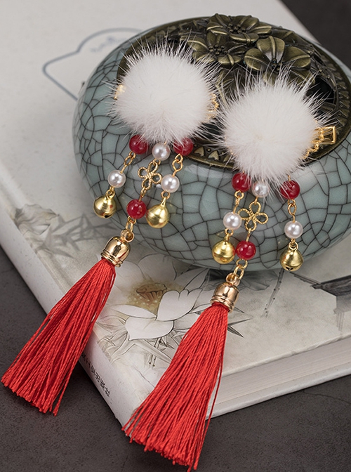 Antique Handmade Winter Cute White Fur Ball Tassel Golden Bell Kids Hairpins