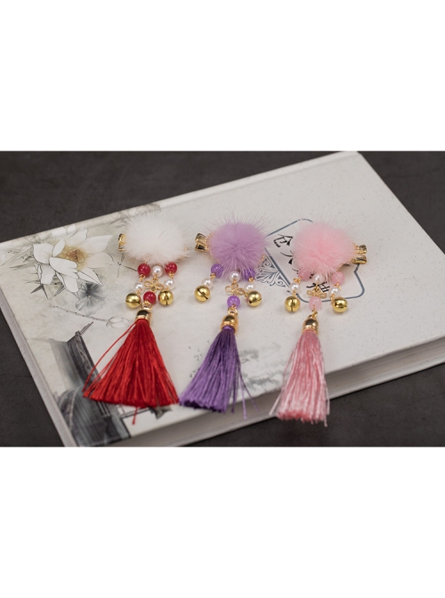 Antique Handmade Winter Cute White Fur Ball Tassel Golden Bell Kids Hairpins