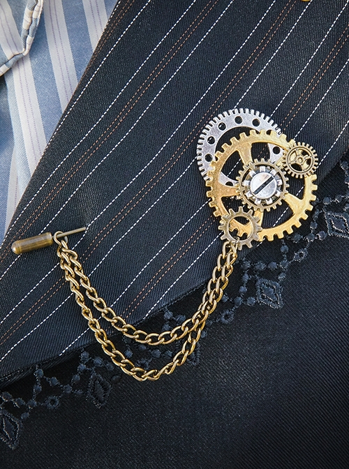 Couple Steampunk Industrial Wind Gear Turning Gold Chain Cool Gentleman Brooch