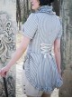 Summer Retro Stand Collar Slim Striped Short-Sleeved Fresh Gray-Blue Bow Steampunk Light Mint Leaf Edge Small Trailing Shirt