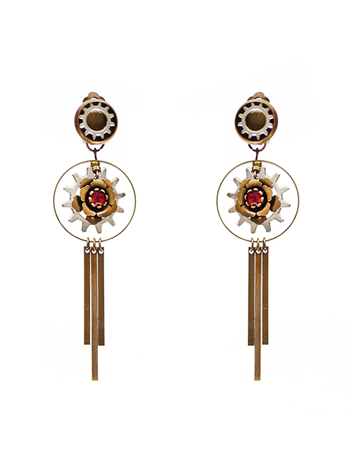 Chinese Retro Palace Flower Steampunk Old Metal Tassel Gear Handmade Ear Clips