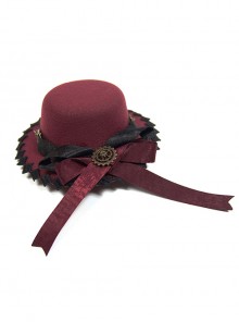 Burgundy Lady Mini Flat Top Ribbon Mystery Top Hat Halloween Party Gothic Chain Hairpin