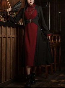 Black Lightweight Semi-Open Collar Punk Flare Long Sleeves Tie Waist Mysterious Gothic Slim Long Tuxedo Cardigan Coat