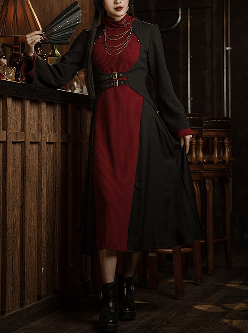 Black Lightweight Semi-Open Collar Punk Flare Long Sleeves Tie Waist Mysterious Gothic Slim Long Tuxedo Cardigan Coat