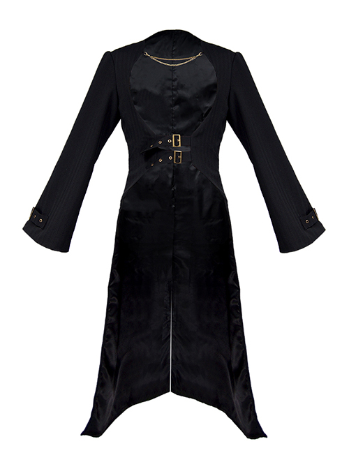 Black Lightweight Semi-Open Collar Punk Flare Long Sleeves Tie Waist Mysterious Gothic Slim Long Tuxedo Cardigan Coat